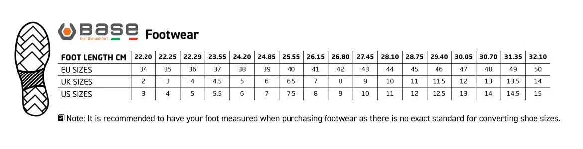 Maattabel Base-schoenen: voetlengte in cm met EU-, UK- en US-maten