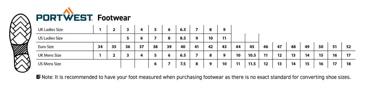 Maattabel Portwest-schoenen: EU-, UK- en US-maten