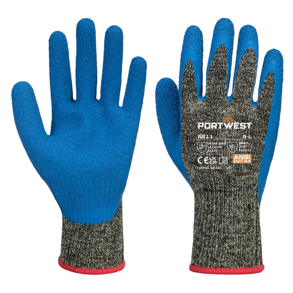 Snijbestendige Aramide/Latex handschoen Zwart/blauw voorkant