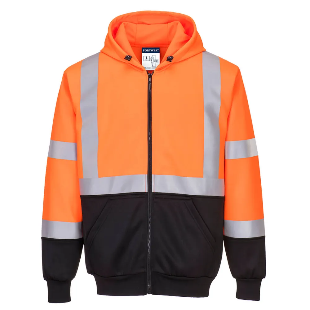 Hi-Vis Tweekleuren Hoody met rits Oranje/zwart voorkant