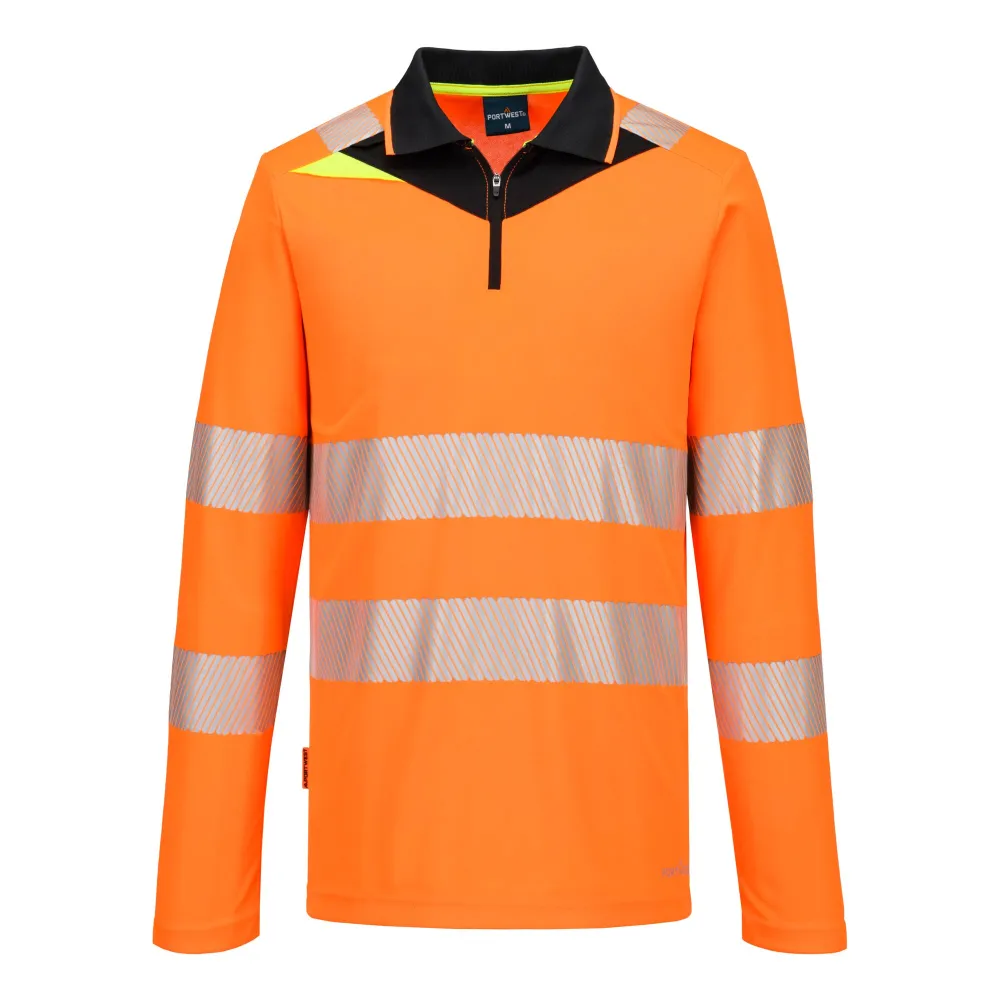 DX4 Hi-Vis polo lange mouw met rits Oranje/zwart voorkant