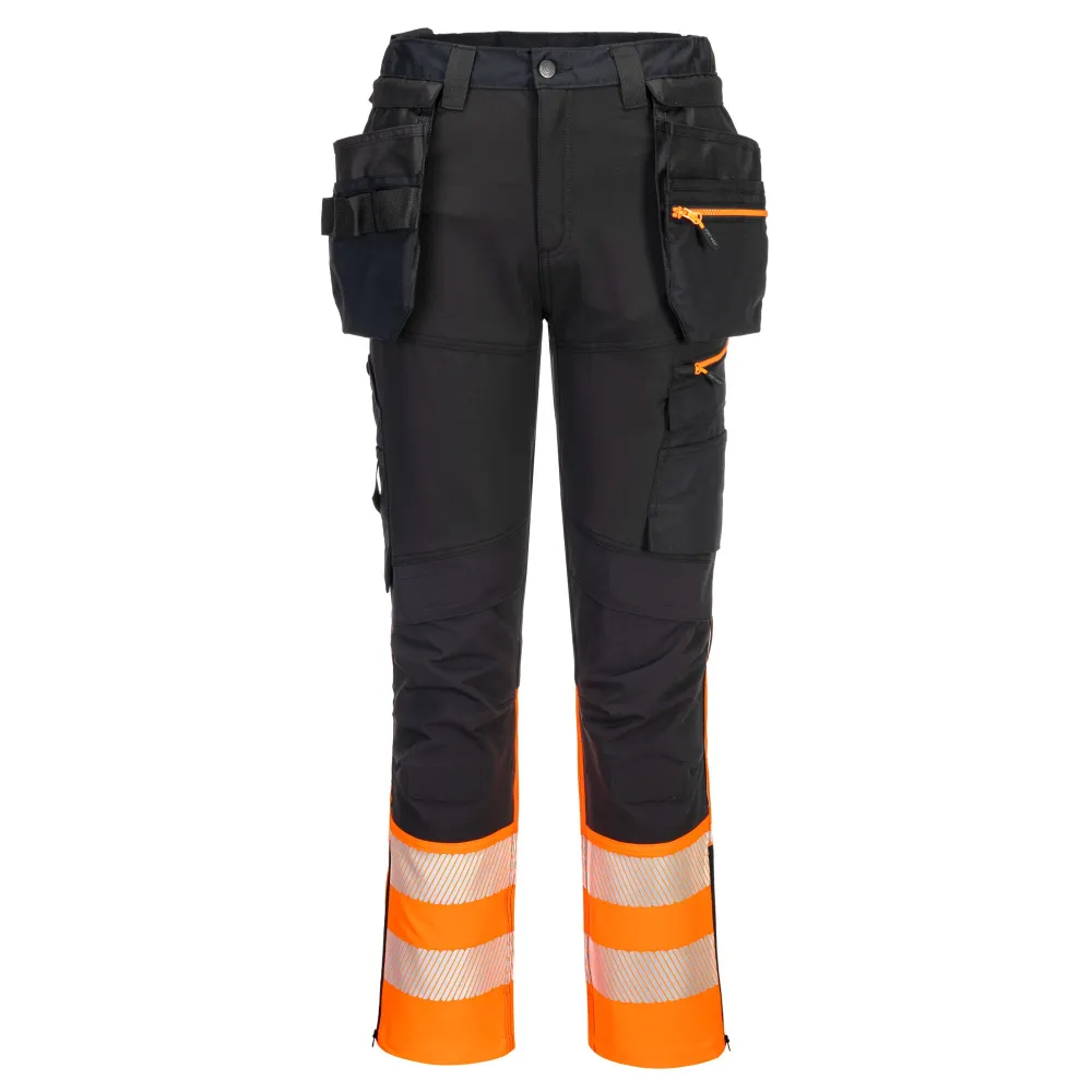 DX4-Hi-Vis Broek klasse 1 met afneembare holsterzakken Oranje/zwart voorkant