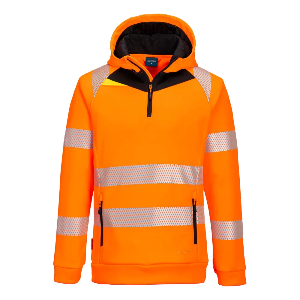DX4 Hi-Vis 1/4 Hoodie met rits Oranje/zwart voorkant