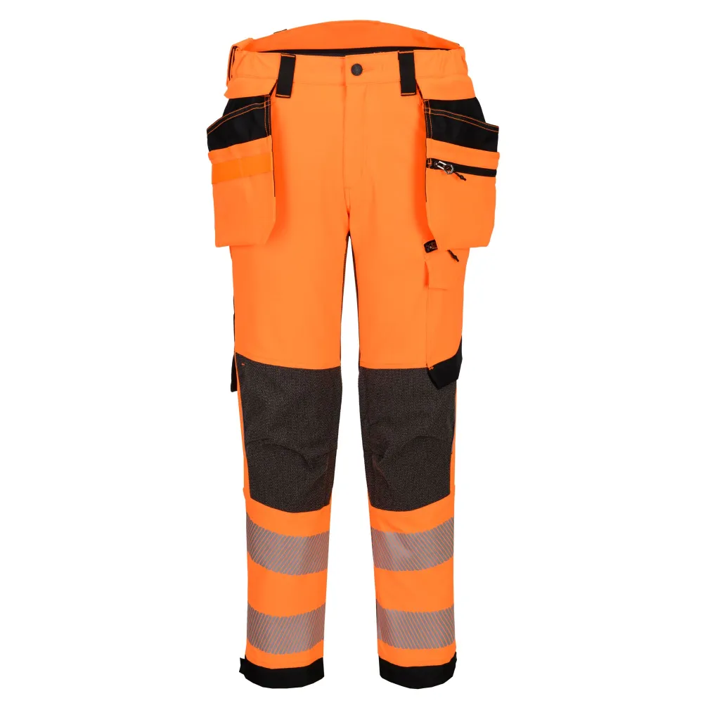 EV4 Hi-Vis stretch broek met afneembare holsterzak klasse 2 Oranje/zwart voorkant