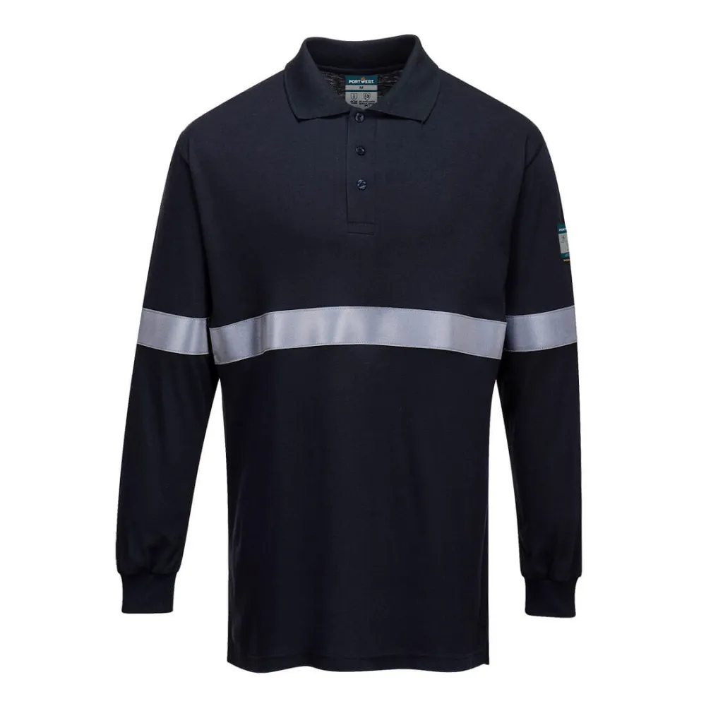 Vlamvertragende Modaflame Antistatische lange mouw poloshirt met reflecterende striping Donker marine voorkant