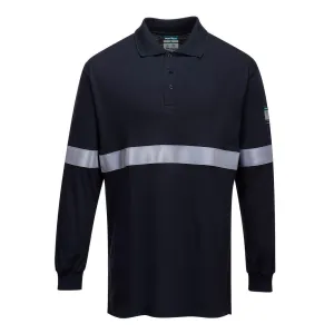 Vlamvertragende Modaflame Antistatische lange mouw poloshirt met reflecterende striping Donker marine voorkant