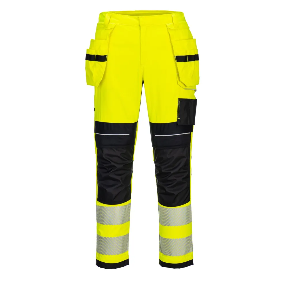 PW3 Vlamvertragende Modaflame Hi-Vis broek met holsterzakken Geel/zwart voorkant