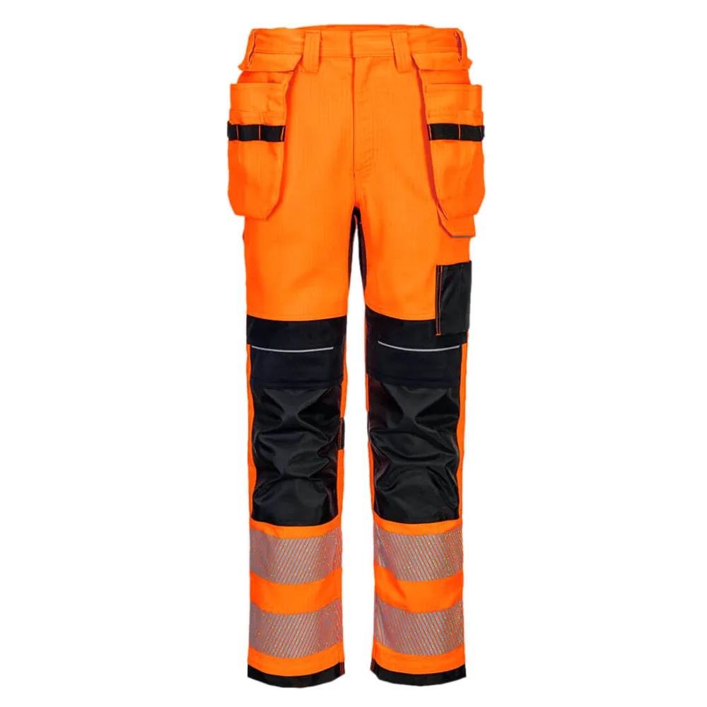 PW3 Vlamvertragende Modaflame Hi-Vis werkbroek met holsterzakken Oranje/zwart voorkant
