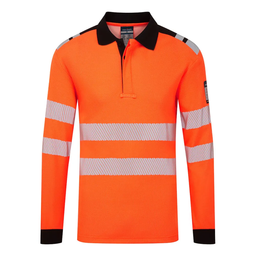 PW3 Modaflame Knit HVO Vlamvertragend Poloshirt met lange mouw Oranje/zwart voorkant