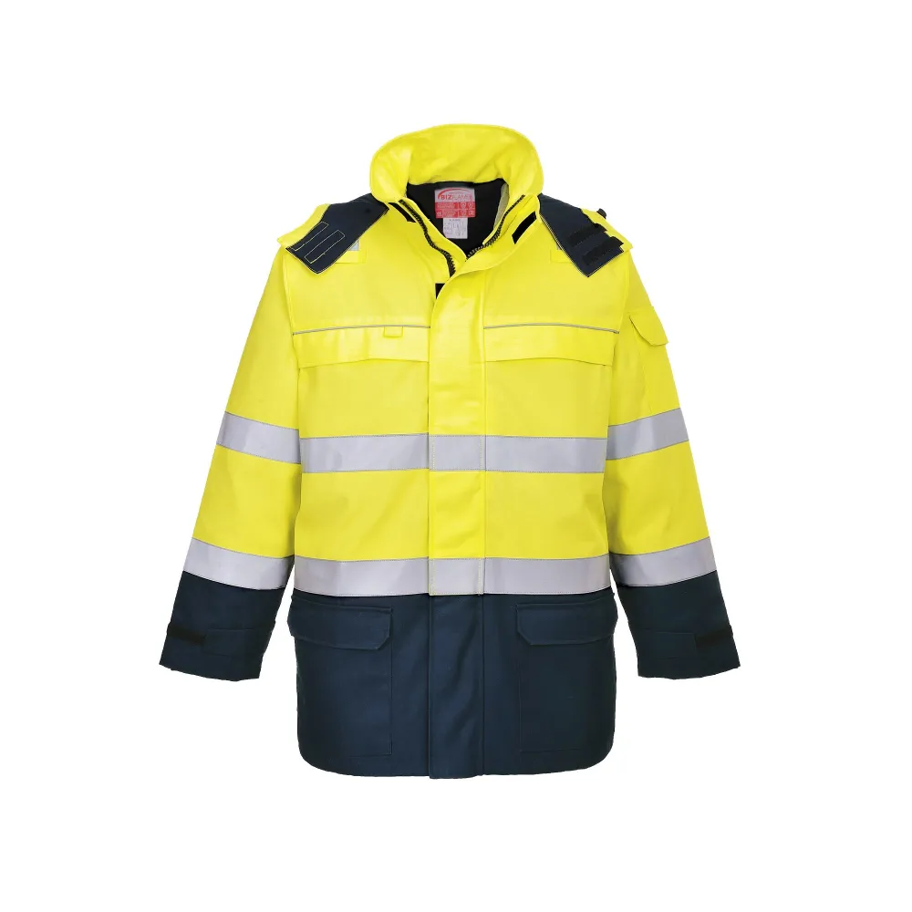 Bizflame Regen+ Hi-Vis Vlamboog Jack Geel/marine voorkant