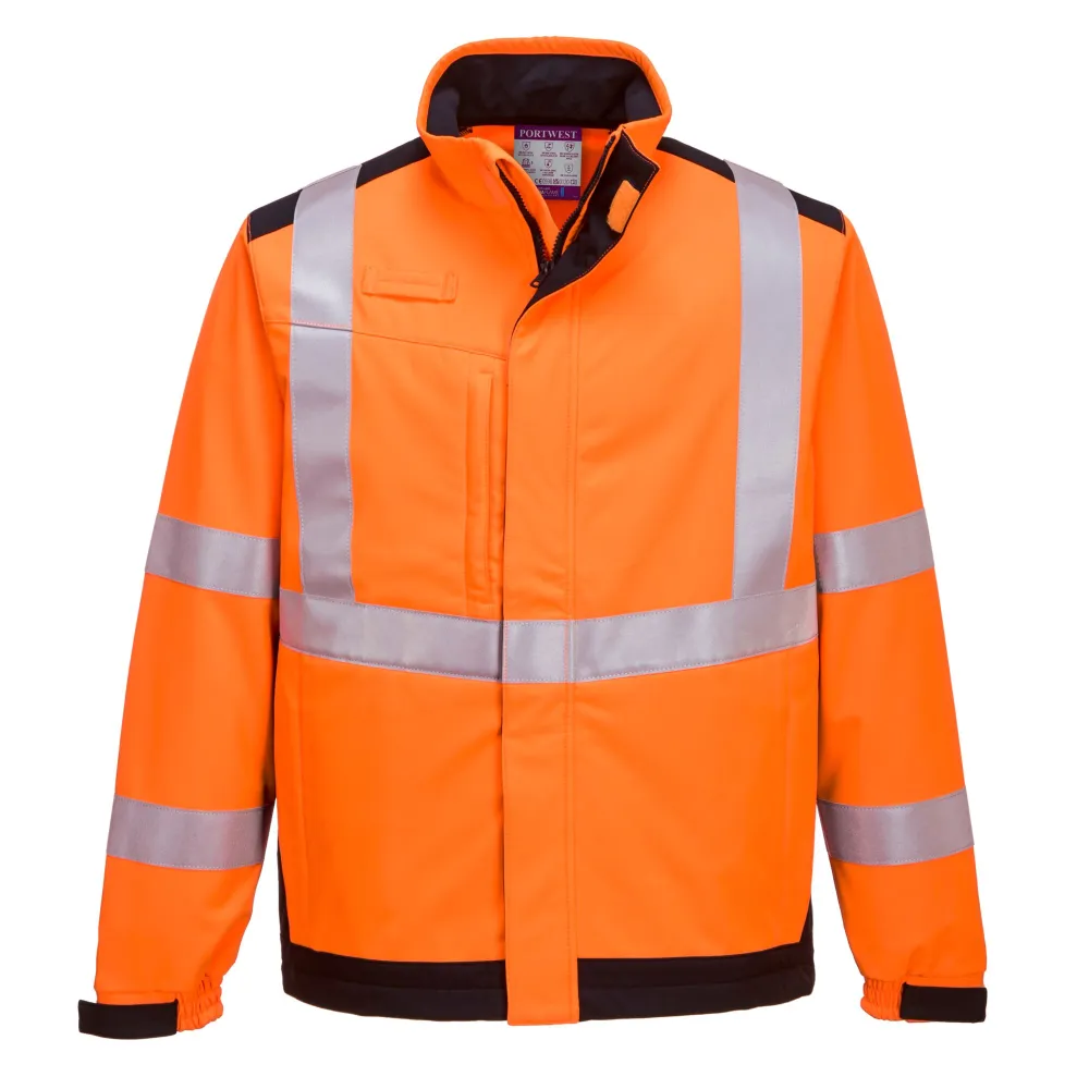 Modaflame multinormen Arc Softshell Jack Oranje/marine voorkant