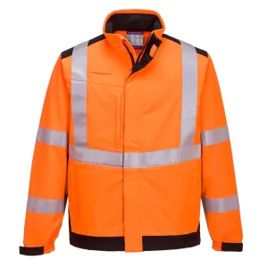 Modaflame multinormen Arc Softshell Jack Oranje/marine voorkant