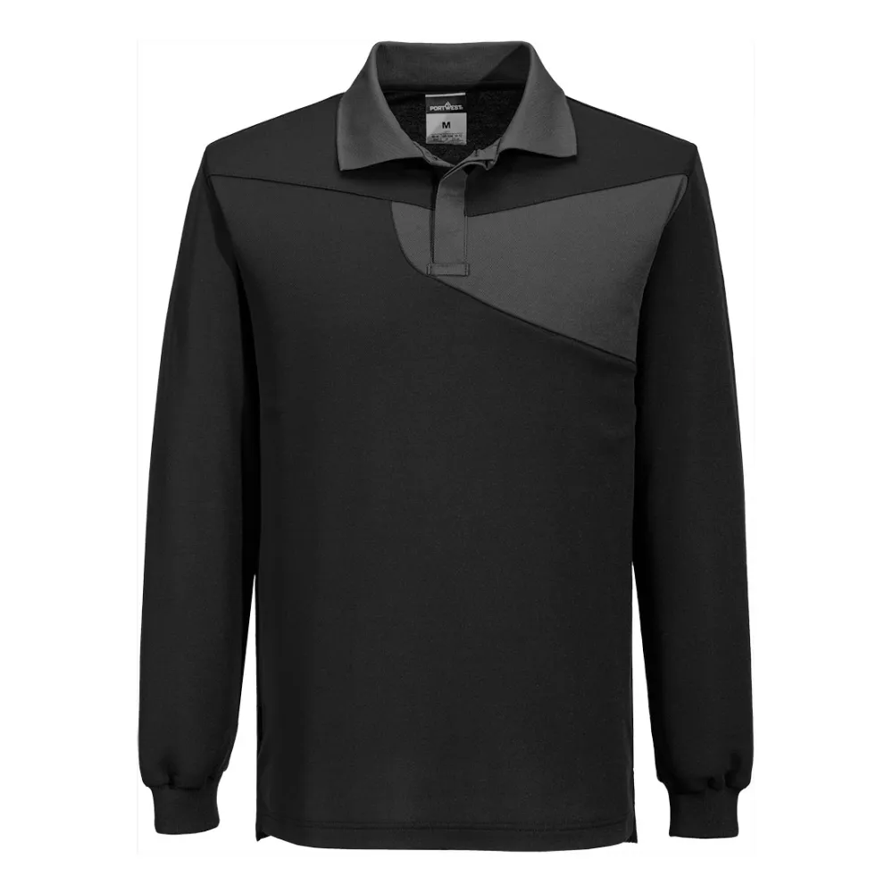 PW2 Katoen Comfort Poloshirt lange mouw Zwart/grijs voorkant
