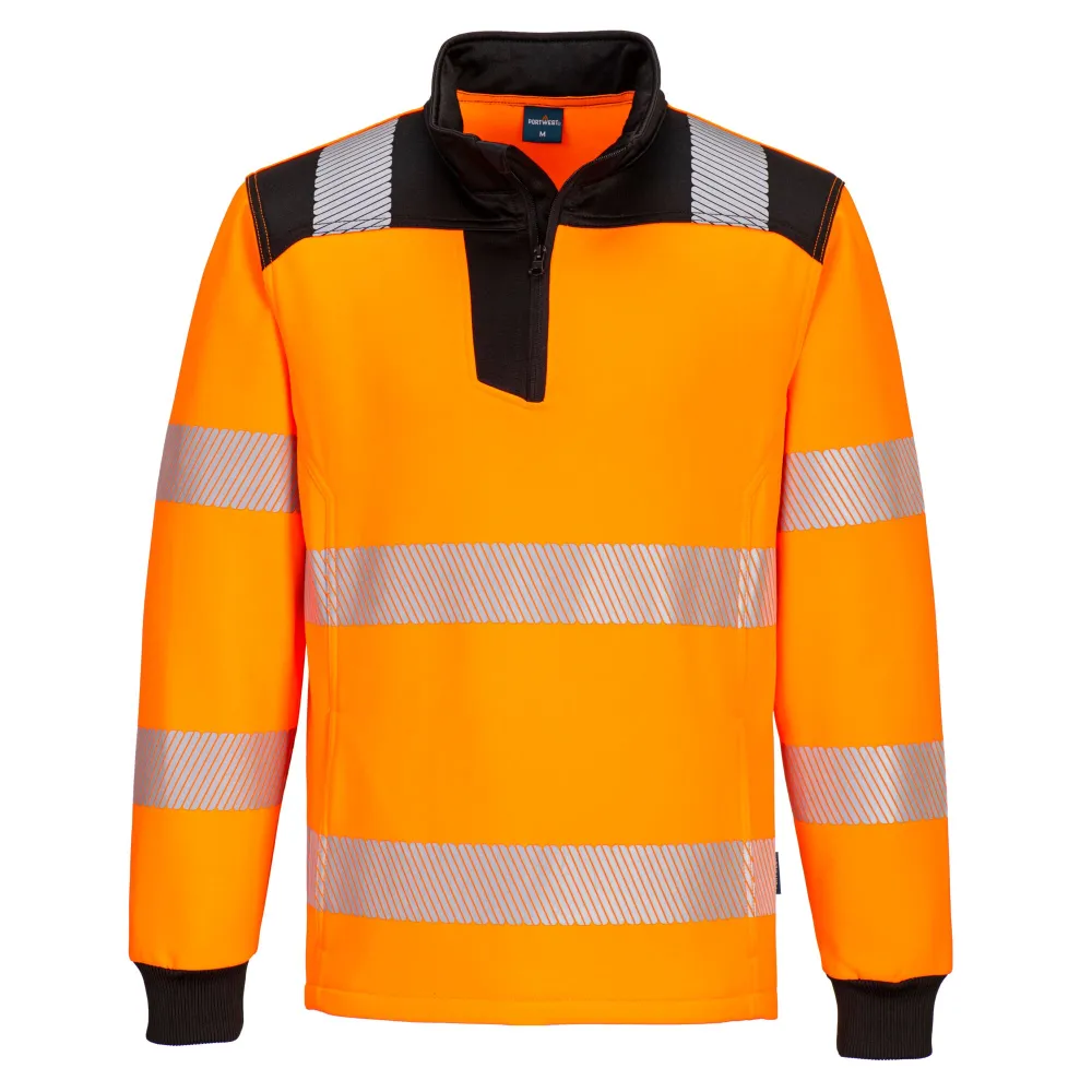 PW3 Hi-Vis Sweatshirt met 1/4 rits Oranje/zwart voorkant