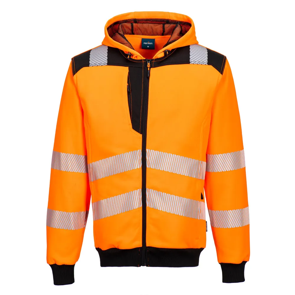 PW3 Hi-Vis Hoodie met rits Oranje/zwart voorkant
