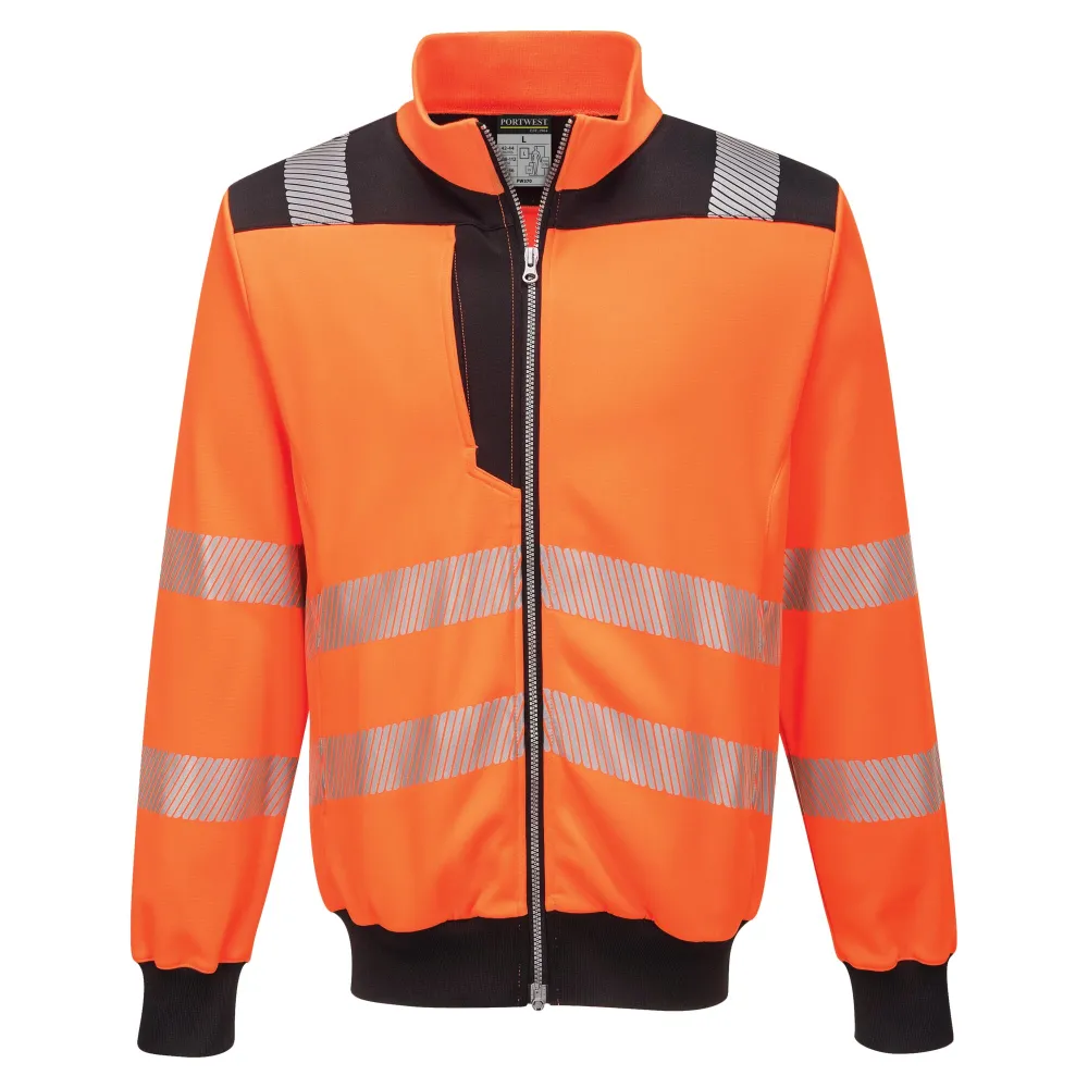 PW3 Hi-Vis sweatshirt met rits Oranje/zwart voorkant