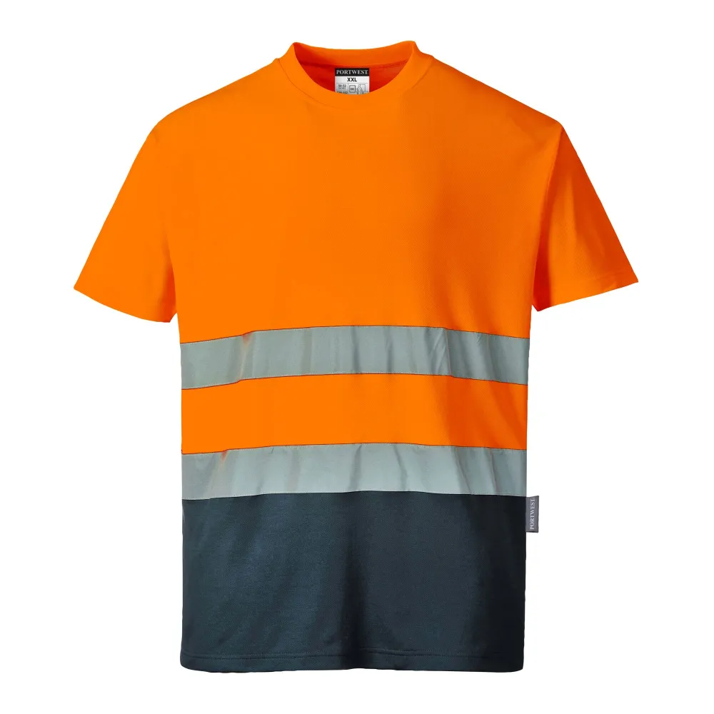 Tweekleuren Katoenen Comfort T-shirt Oranje/marine voorkant