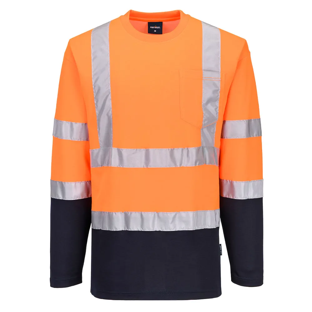 Tweekleurig, Katoen comfort T-shirt met lange mouwen Oranje/marine voorkant