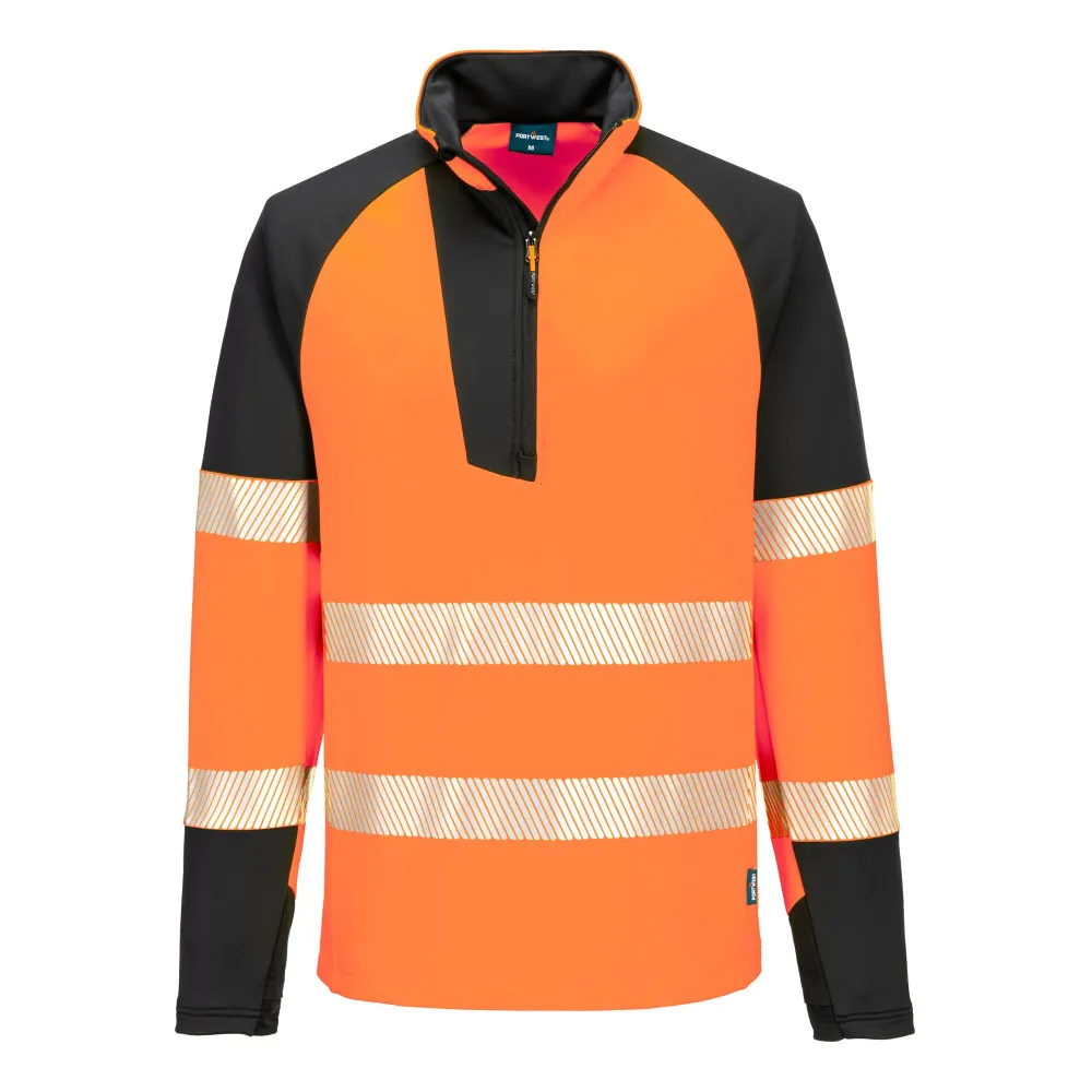 PW3 Hi-Vis Sweatshirt met 1/4 rits Oranje/zwart voorkant