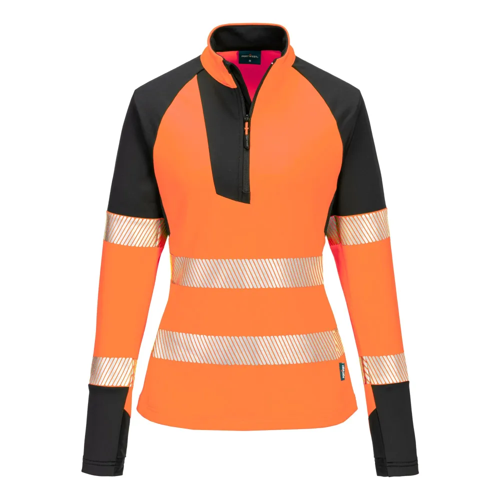 PW3 Hi-Vis Sweatshirt met 1/4 rits voor Dames Oranje/zwart voorkant